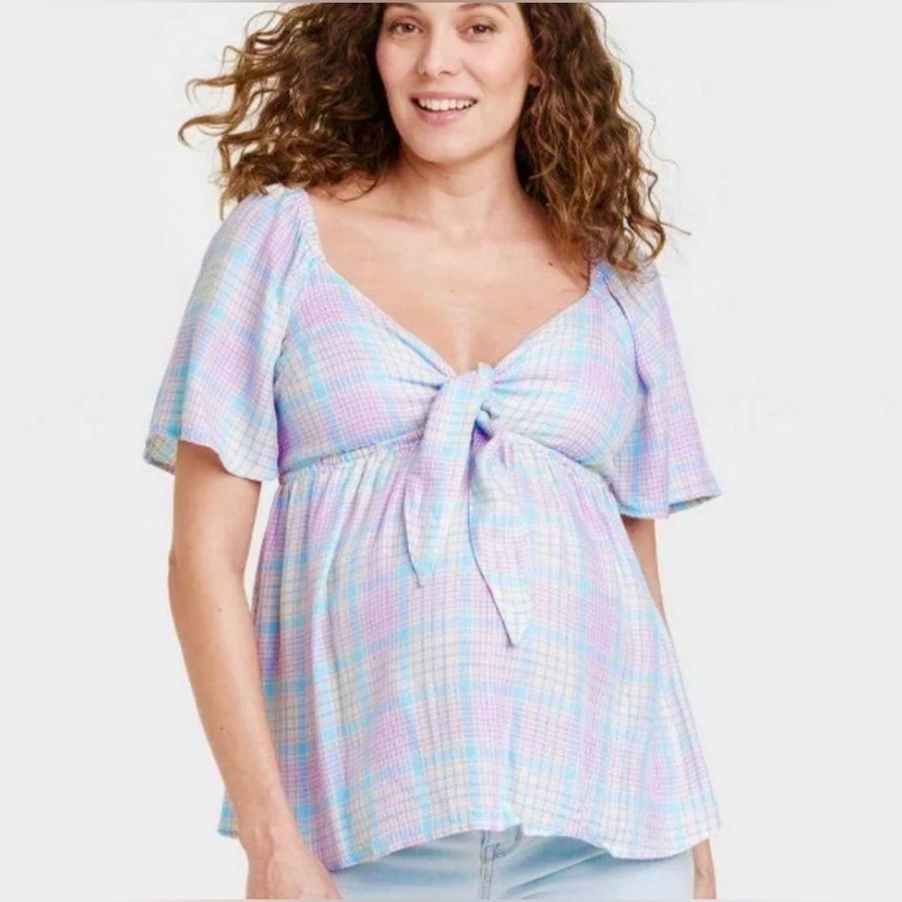 ISABEL - Maternity By Ingrid /Tie-Front Maternity Top / Plaid / Size M
